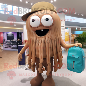 Brown Jellyfish mascot costume character dressed with a Bermuda Shorts and Handbags