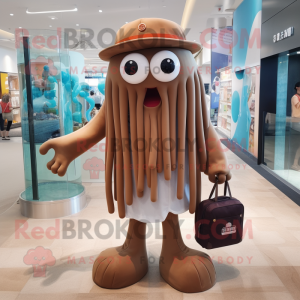 Brown Jellyfish mascot costume character dressed with a Bermuda Shorts and Handbags