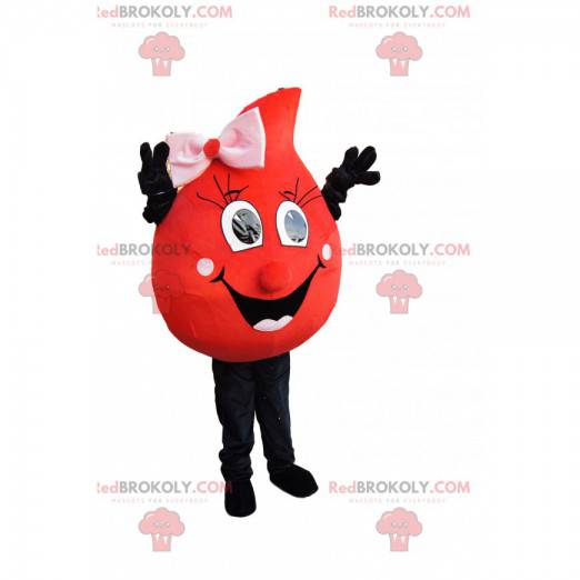 Red drop mascot with a wide smile and a pink bow -