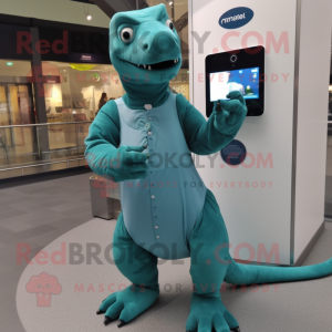 Teal Iguanodon mascot costume character dressed with a A-Line Dress and Smartwatches