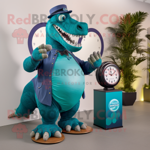 Teal Iguanodon mascot costume character dressed with a A-Line Dress and Smartwatches