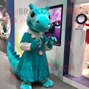 Teal Iguanodon mascot costume character dressed with a A-Line Dress and Smartwatches