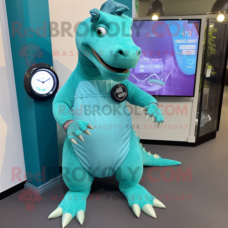 Teal Iguanodon mascot costume character dressed with a A-Line Dress and Smartwatches Teal Iguanodon mascot costume character dressed with a A-Line Dress and Smartwatches