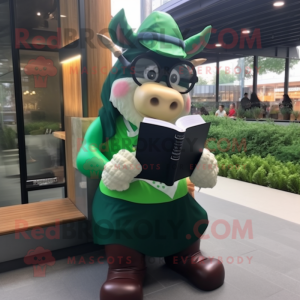 Forest Green Beef Wellington mascot costume character dressed with a Shorts and Reading glasses