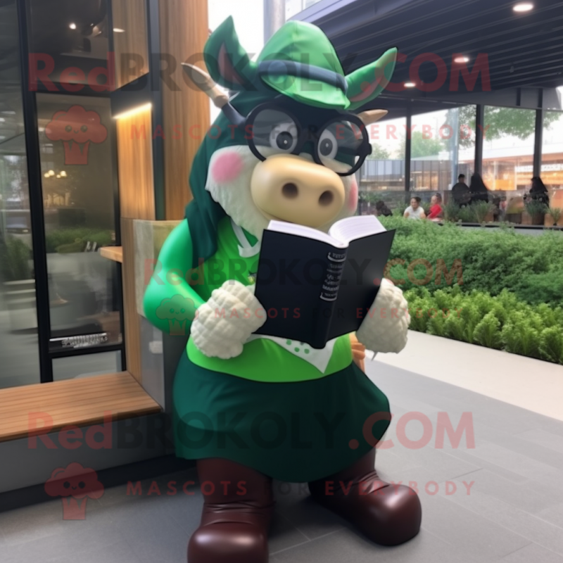 Forest Green Beef Wellington mascot costume character dressed with a Shorts and Reading glasses