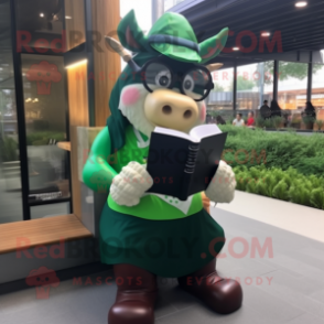 Forest Green Beef Wellington mascot costume character dressed with a Shorts and Reading glasses