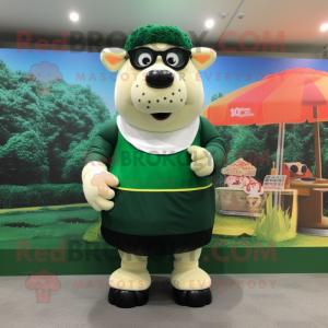 Forest Green Beef Wellington mascot costume character dressed with a Shorts and Reading glasses