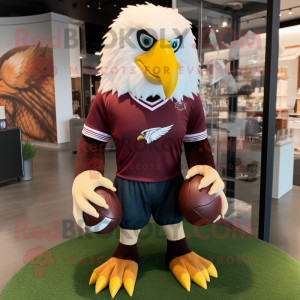 Maroon Bald Eagle mascot costume character dressed with a Rugby Shirt and Hair clips