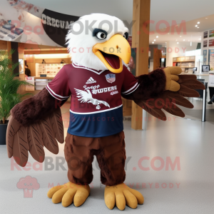 Maroon Bald Eagle mascot costume character dressed with a Rugby Shirt and Hair clips