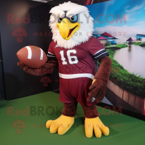 Maroon Bald Eagle mascot costume character dressed with a Rugby Shirt and Hair clips