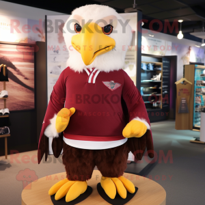 Maroon Bald Eagle mascot costume character dressed with a Rugby Shirt and Hair clips