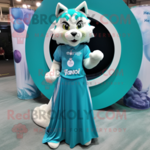 Teal Lynx mascot costume character dressed with a Maxi Skirt and Rings