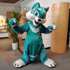 Teal Lynx mascot costume character dressed with a Maxi Skirt and Rings