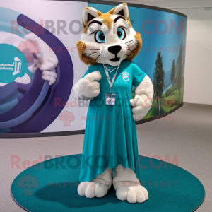 Teal Lynx mascot costume character dressed with a Maxi Skirt and Rings
