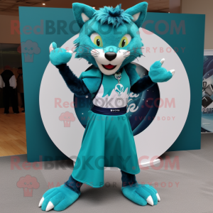 Teal Lynx mascot costume character dressed with a Maxi Skirt and Rings