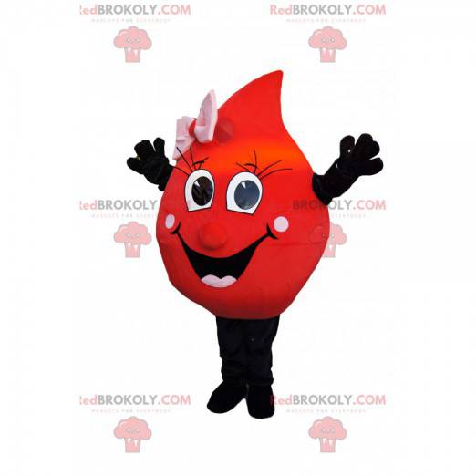 Red drop mascot with a wide smile and a pink bow -