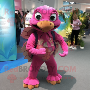 Pink Sea Turtle mascot costume character dressed with a Corduroy Pants and Bracelet watches