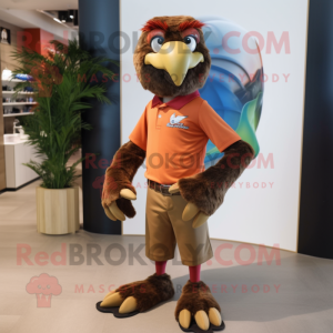 Brown Macaw mascot costume character dressed with a Dress Pants and Headbands