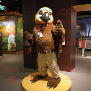 Brown Macaw mascot costume character dressed with a Dress Pants and Headbands