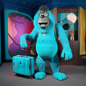 Turquoise Baboon mascot costume character dressed with a Leggings and Briefcases