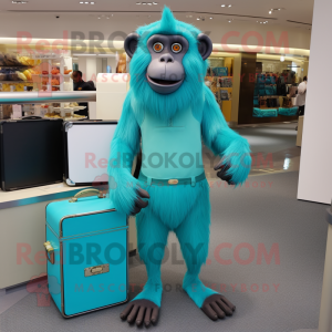 Turquoise Baboon mascot costume character dressed with a Leggings and Briefcases