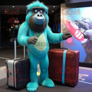 Turquoise Baboon mascot costume character dressed with a Leggings and Briefcases