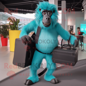 Turquoise Baboon mascot costume character dressed with a Leggings and Briefcases