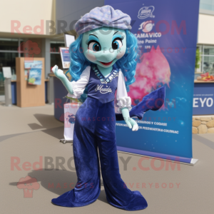 Navy Mermaid mascot costume character dressed with a Dress Pants and Keychains