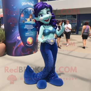 Navy Mermaid mascot costume character dressed with a Dress Pants and Keychains