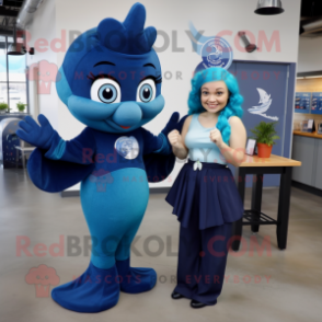 Navy Mermaid mascot costume character dressed with a Dress Pants and Keychains