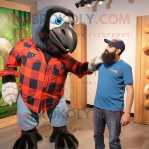 Black Macaw mascot costume character dressed with a Flannel Shirt and Watches