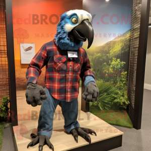 Black Macaw mascot costume character dressed with a Flannel Shirt and Watches