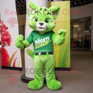 Lime Green Bobcat mascot costume character dressed with a Bootcut Jeans and Wraps