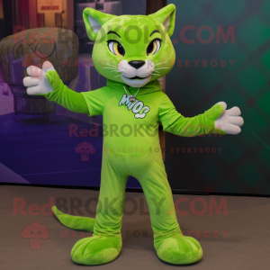 Lime Green Bobcat mascot costume character dressed with a Bootcut Jeans and Wraps