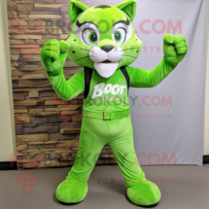 Lime Green Bobcat mascot costume character dressed with a Bootcut Jeans and Wraps