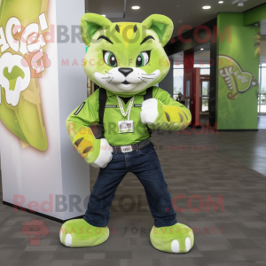 Lime Green Bobcat mascot costume character dressed with a Bootcut Jeans and Wraps