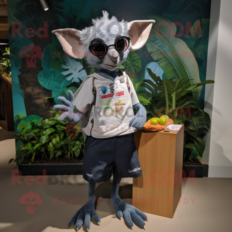 Silver Fruit Bat mascot costume character dressed with a Henley Tee and Eyeglasses