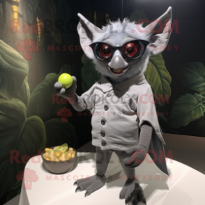 Silver Fruit Bat mascot costume character dressed with a Henley Tee and Eyeglasses