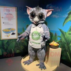 Silver Fruit Bat mascot costume character dressed with a Henley Tee and Eyeglasses