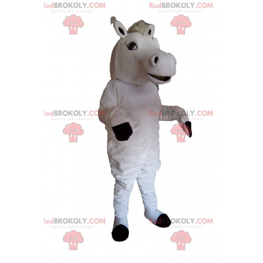 Majestoso mascote do cavalo branco com um puff branco -