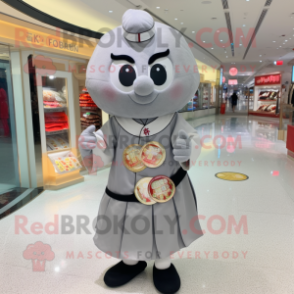 Gray Dim Sum mascot costume character dressed with a Dress Shirt and Coin purses