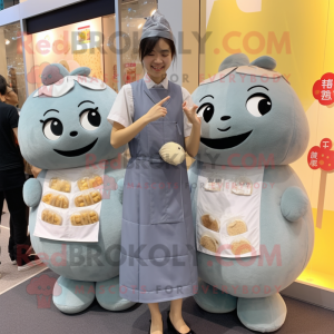 Gray Dim Sum mascot costume character dressed with a Dress Shirt and Coin purses