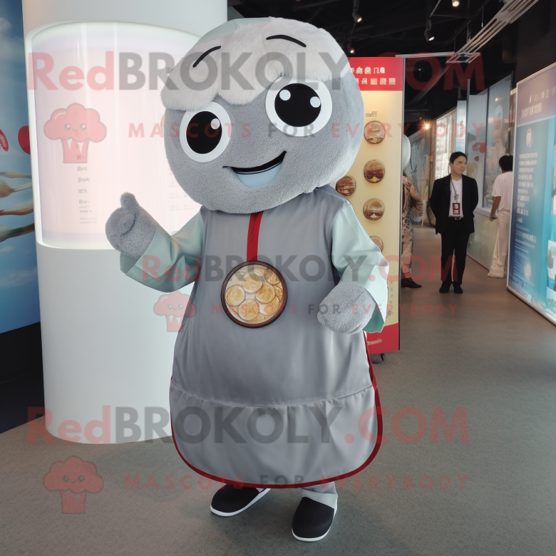 Gray Dim Sum mascot costume character dressed with a Dress Shirt and Coin purses