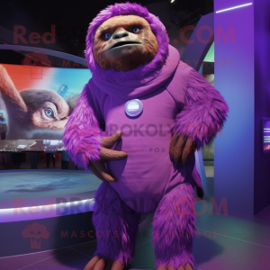 Purple Giant Sloth mascot costume character dressed with a Turtleneck and Rings