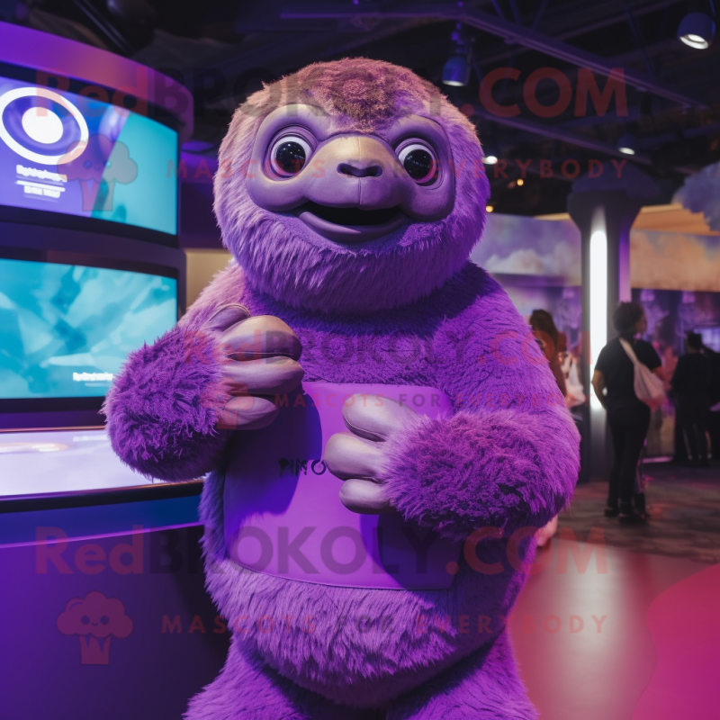 Purple Giant Sloth mascot costume character dressed with a Turtleneck and Rings