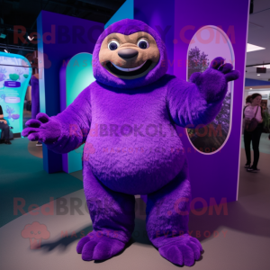 Purple Giant Sloth mascot costume character dressed with a Turtleneck and Rings