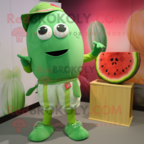 Green Melon mascot costume character dressed with a Bermuda Shorts and Cummerbunds