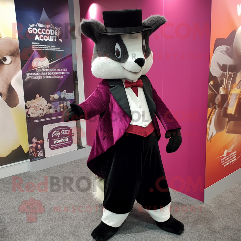 Magenta Civet mascot costume character dressed with a Tuxedo and Scarves