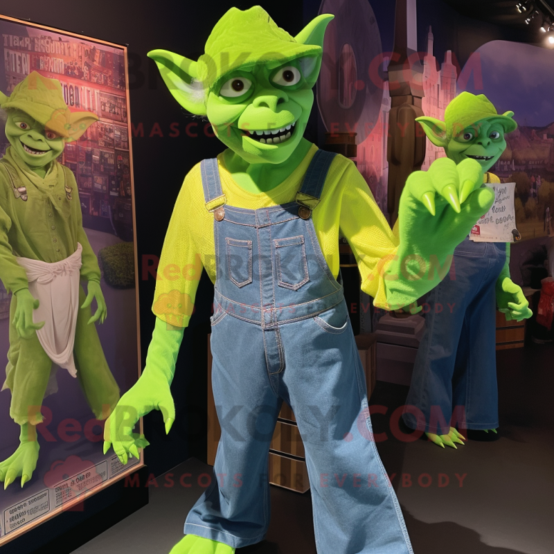 Lime Green Gargoyle mascot costume character dressed with a Mom Jeans and Berets Lime Green Gargoyle mascot costume character dressed with a Mom Jeans and Berets