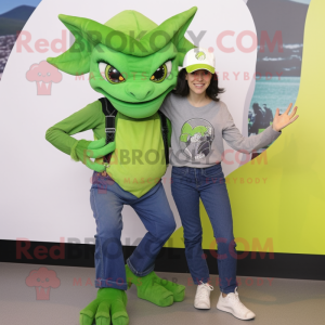 Lime Green Gargoyle mascot costume character dressed with a Mom Jeans and Berets